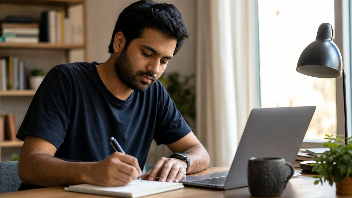 A man at a cozy home desk reading notes while learning about AI rating jobs.