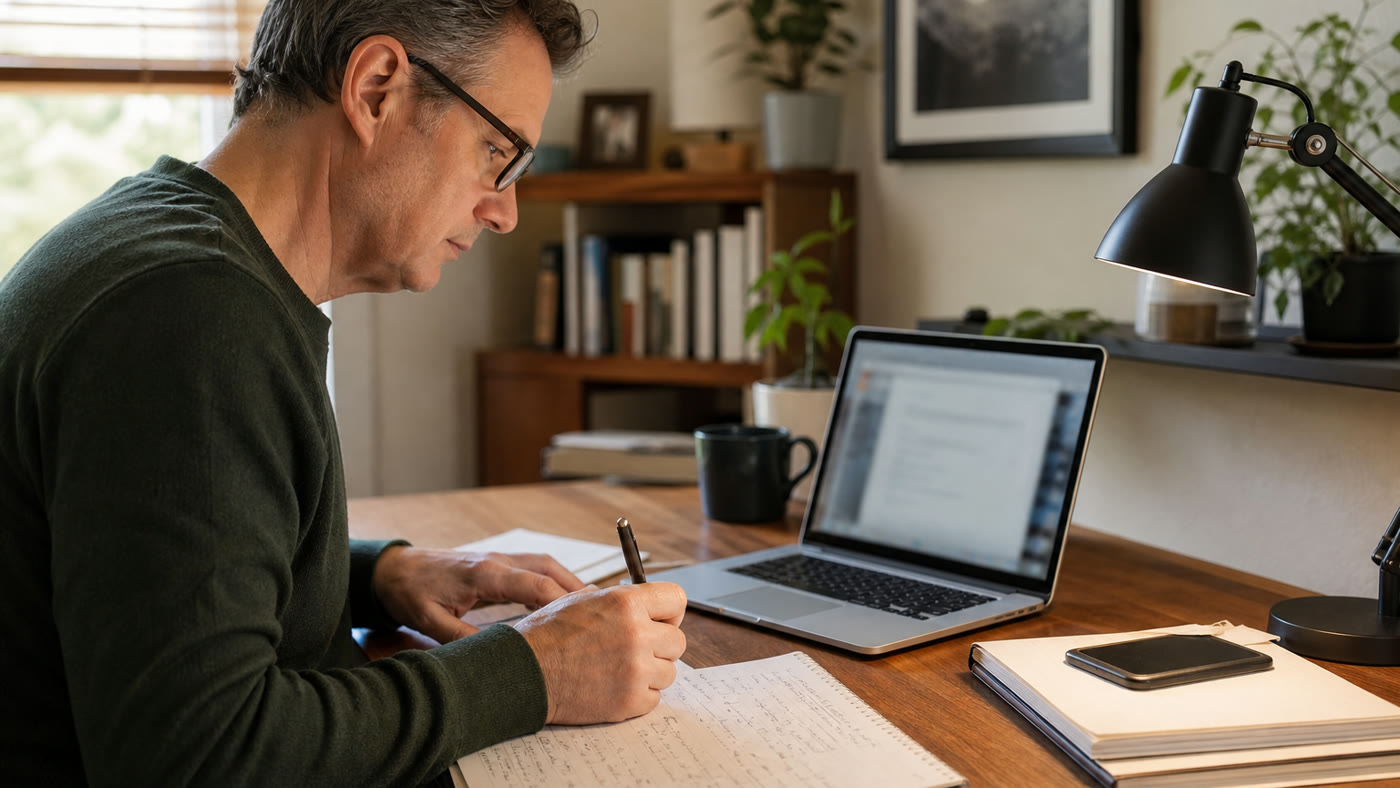 An older man at a home workspace comparing online information and taking notes for AI rating work.