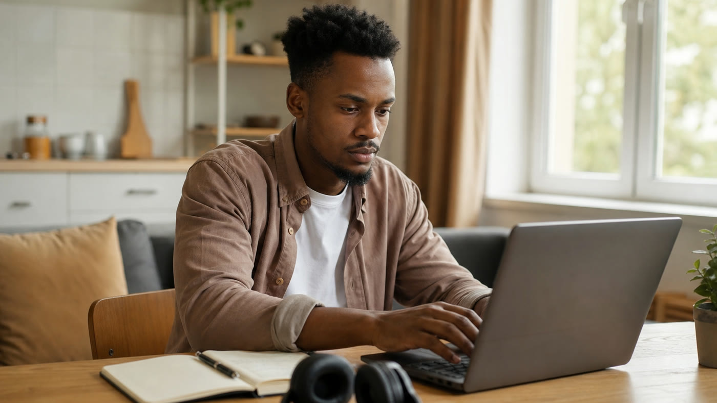 A man typing on a laptop at home with a notebook and headphones nearby for chat support work.