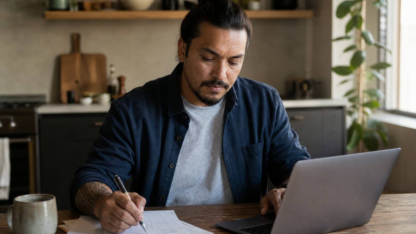 A man entering information from notes into a laptop at a kitchen table.