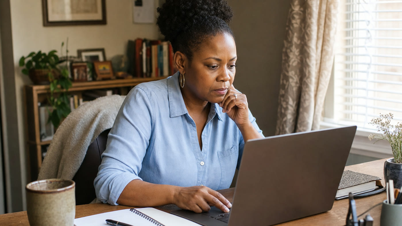 A woman at a home desk carefully checking data entry job details on a laptop.
