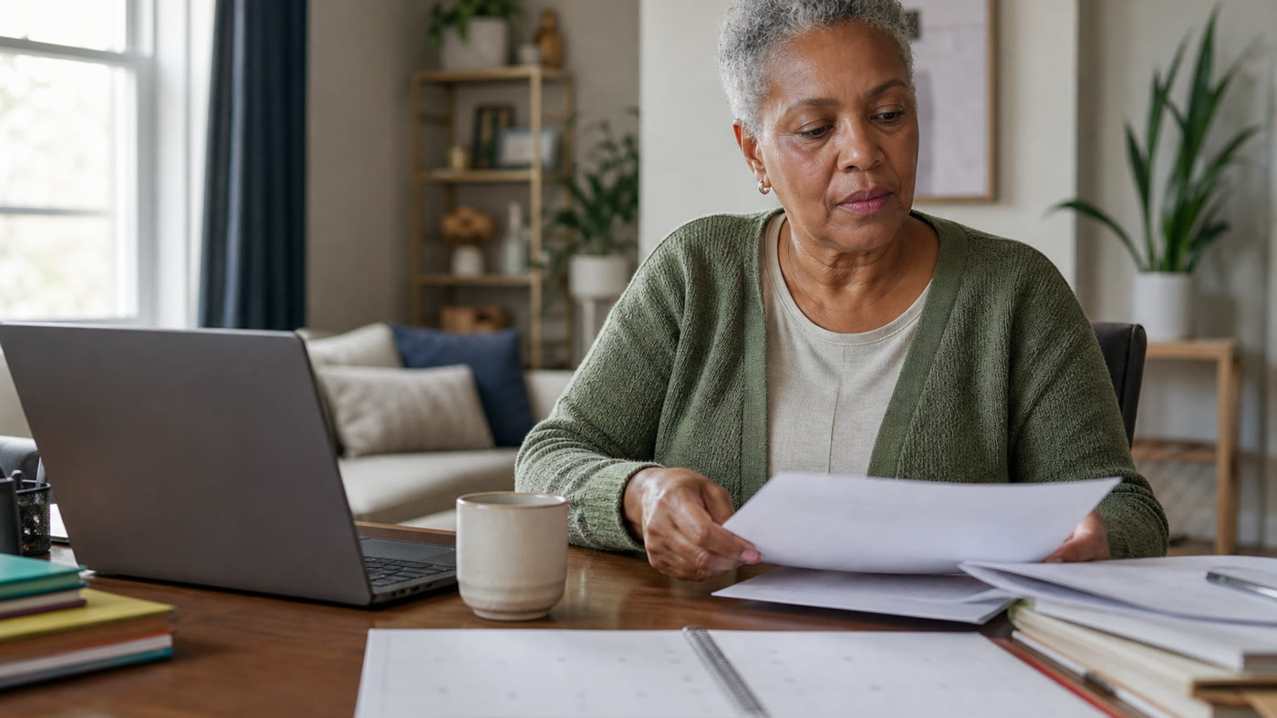 An older woman sorting paperwork beside a laptop and calendar notebook at a home workspace.