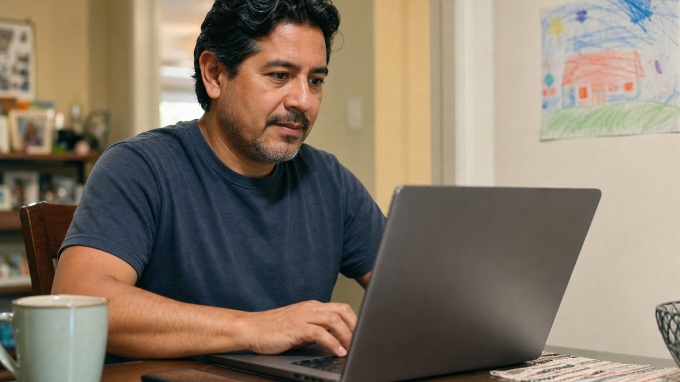 A father sitting at home with a laptop and phone while looking for beginner remote jobs.