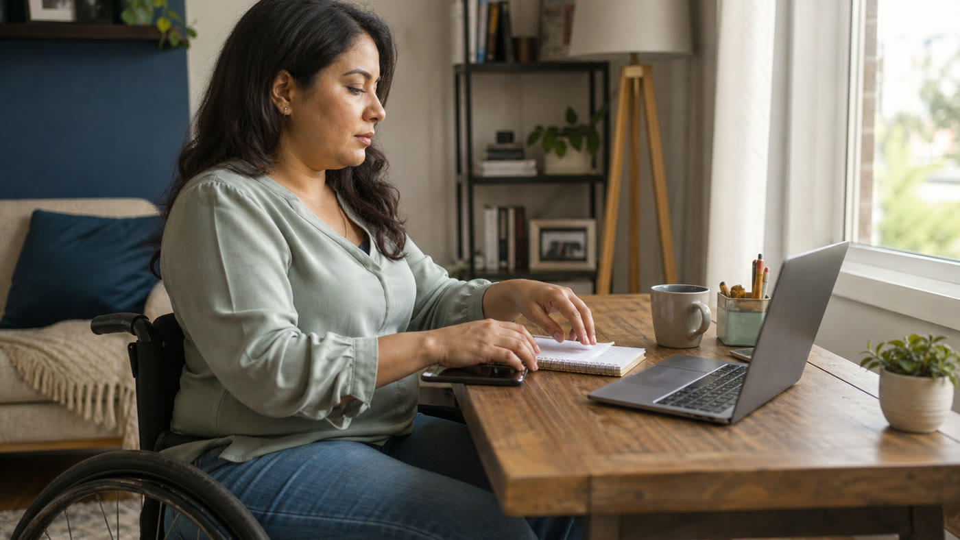 A wheelchair user at a compact home desk organizing a notebook, phone, and laptop for virtual assistant work.