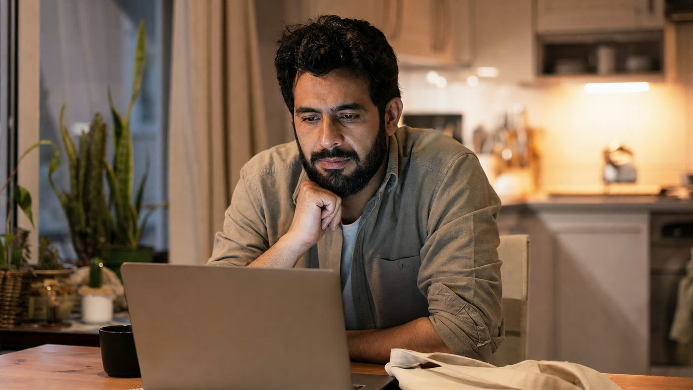 A restaurant worker sitting at a kitchen table after a shift and looking at remote job options on a laptop.